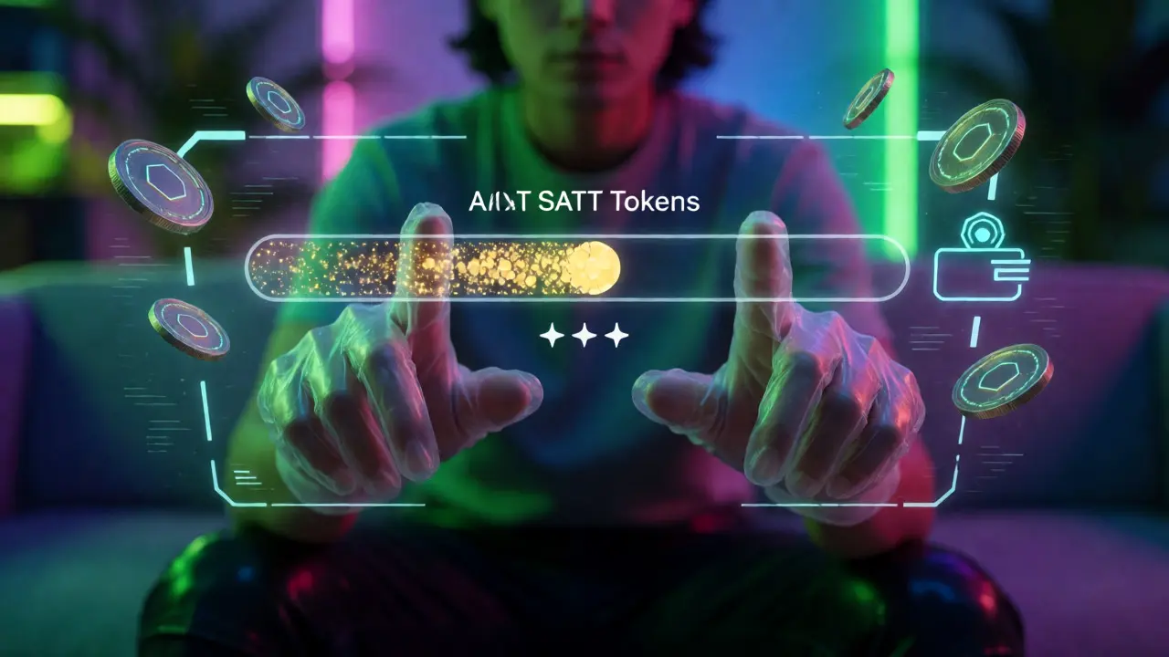 Hands interacting with an AR interface collecting digital SATT tokens via haptic gloves.