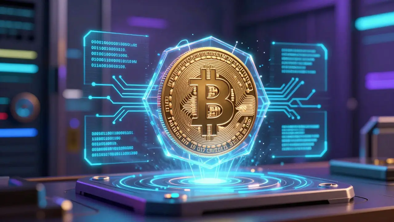 Holographic Bitcoin coin encased in a glowing blue cybernetic shell
