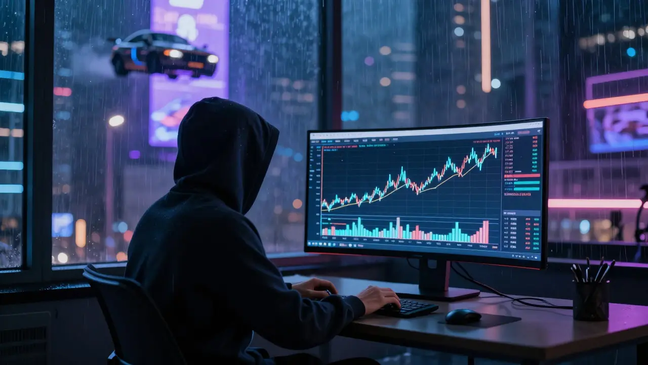Hooded trader analyzing steady charts in a rainy cyberpunk city apartment