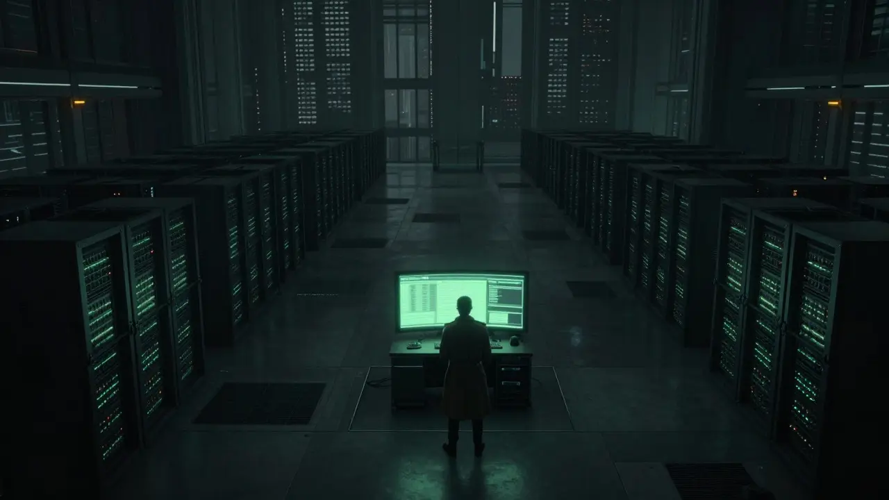 Lonely figure at a dimly lit terminal in a vast, empty cyberpunk server room