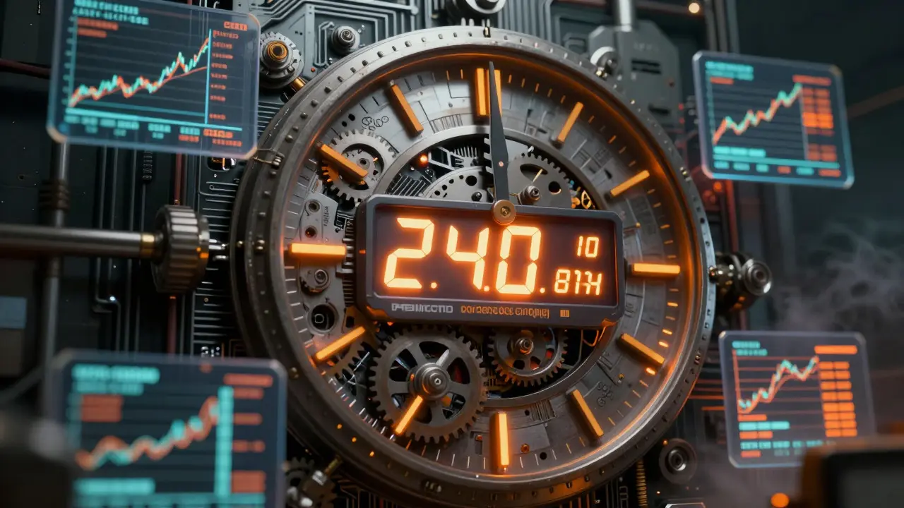 Mechanical clock fused with circuit boards symbolizing strict 10-day trade limits