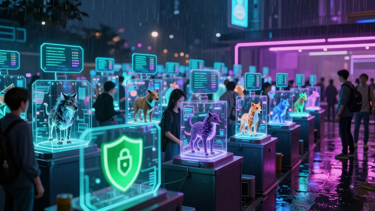 Neon-lit cyberpunk marketplace featuring holographic NFT displays
