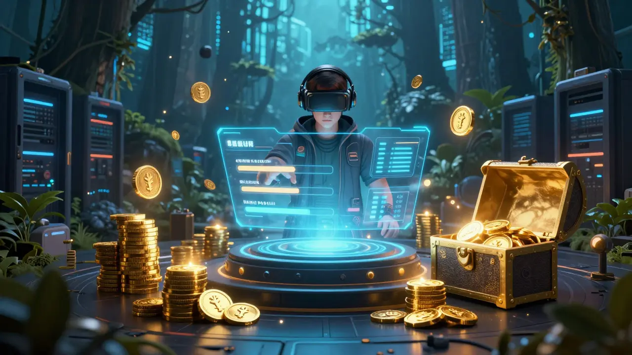 Player interacting with holographic rewards and KEY tokens in a cyber setting