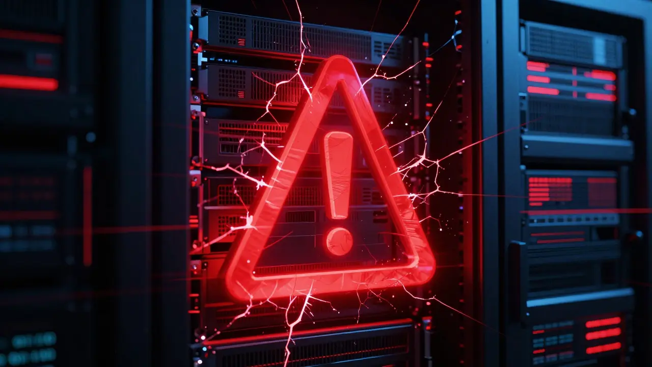 Red warning symbols hovering over server racks illustrating staking penalties