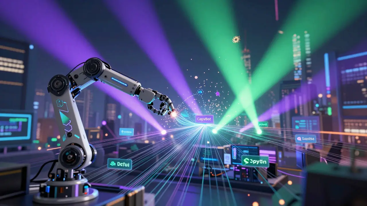Robotic arms managing data streams in a futuristic multi-chain trading hub