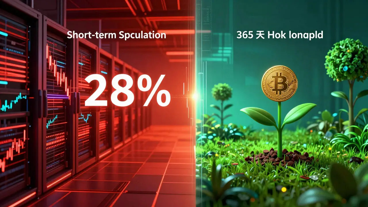 Split screen comparing chaotic short-term trading vs calm long-term crypto growth