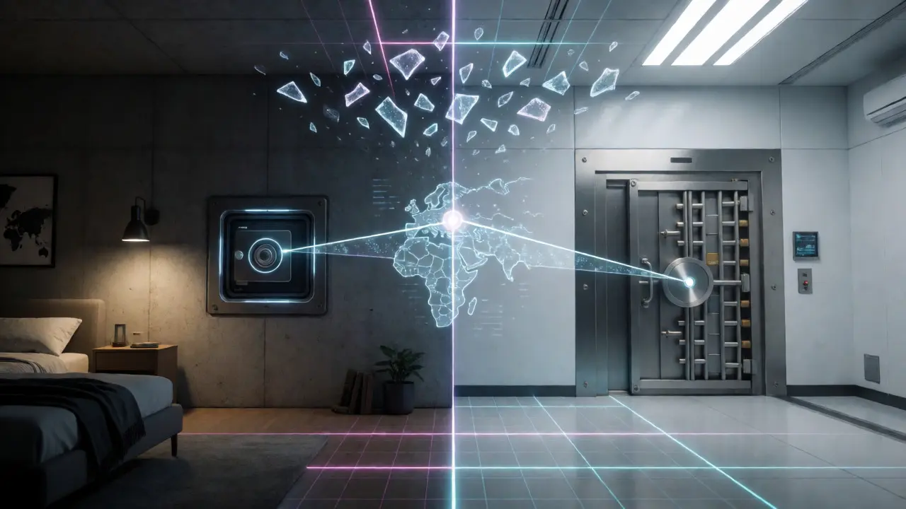 Split-screen view of distributed crypto backups in home and bank