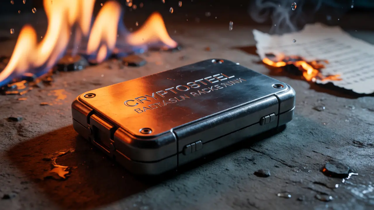 Stainless steel crypto backup device surviving fire and water in cyberpunk style