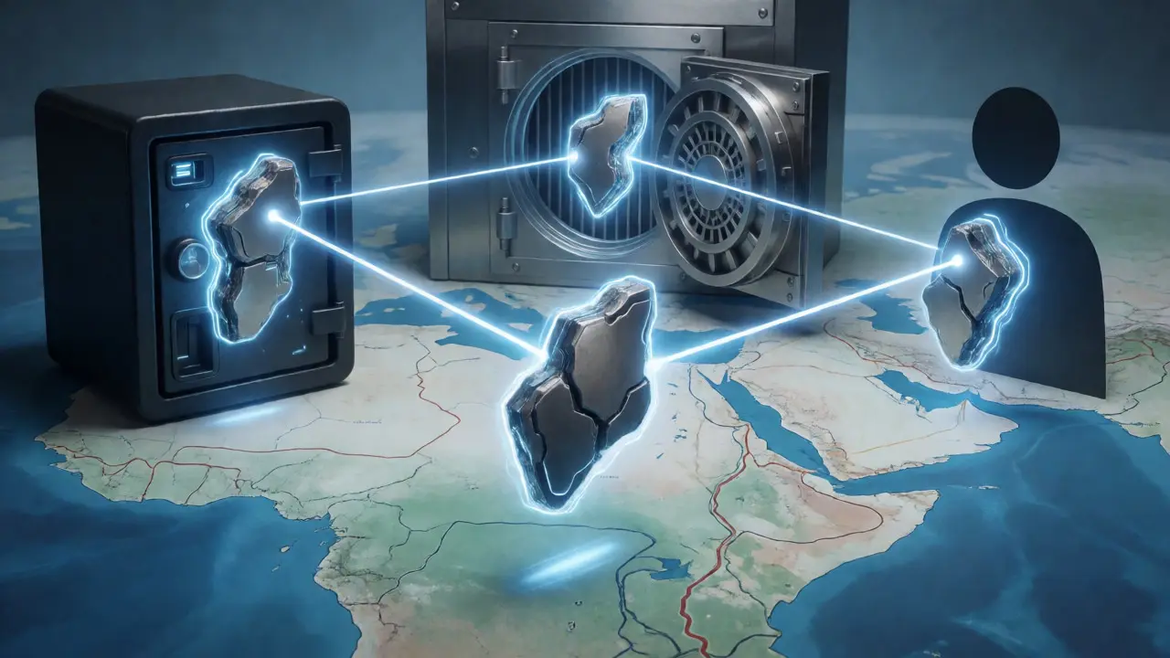 Three separated metallic key fragments floating over a stylized digital map