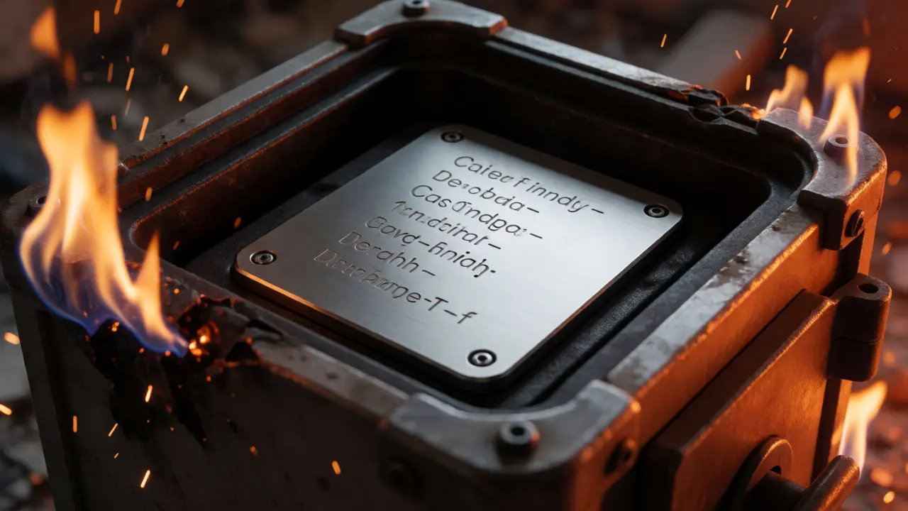 Titanium metal backup plate surviving intense fire inside a safe