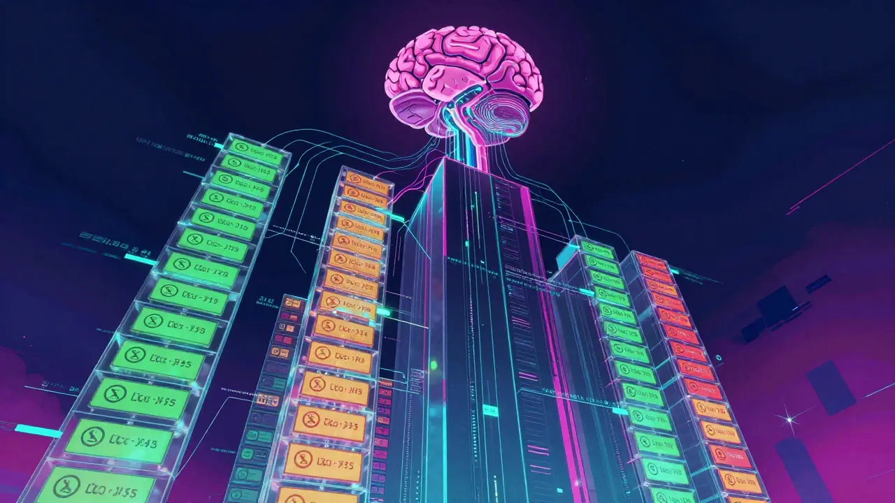 Tower of glowing compliance blocks connected to an AI system