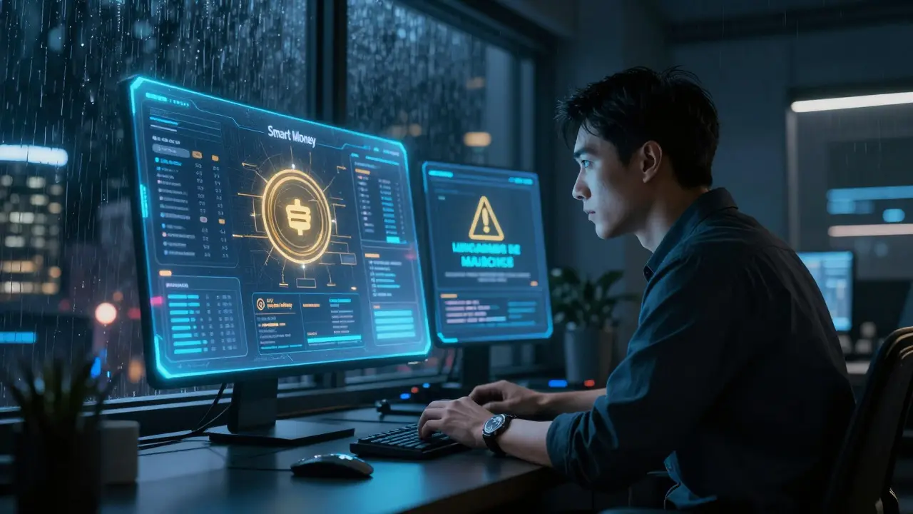 Trader analyzing holographic crypto charts in a cyberpunk room