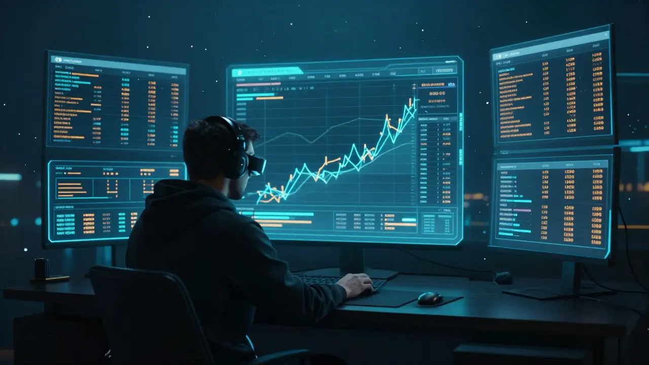 Trader analyzing thin market data on holographic screens in a dark room