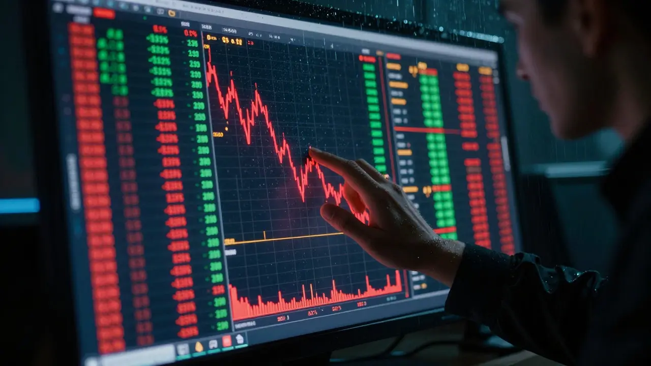 Trader faces red charts and tax warnings on a futuristic interface in a dark room.