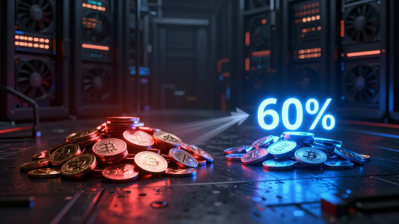 Two piles of glowing digital coins comparing high and low fees