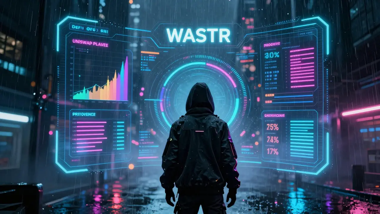 User accessing DeFi protocols via holographic interface in cyberpunk city