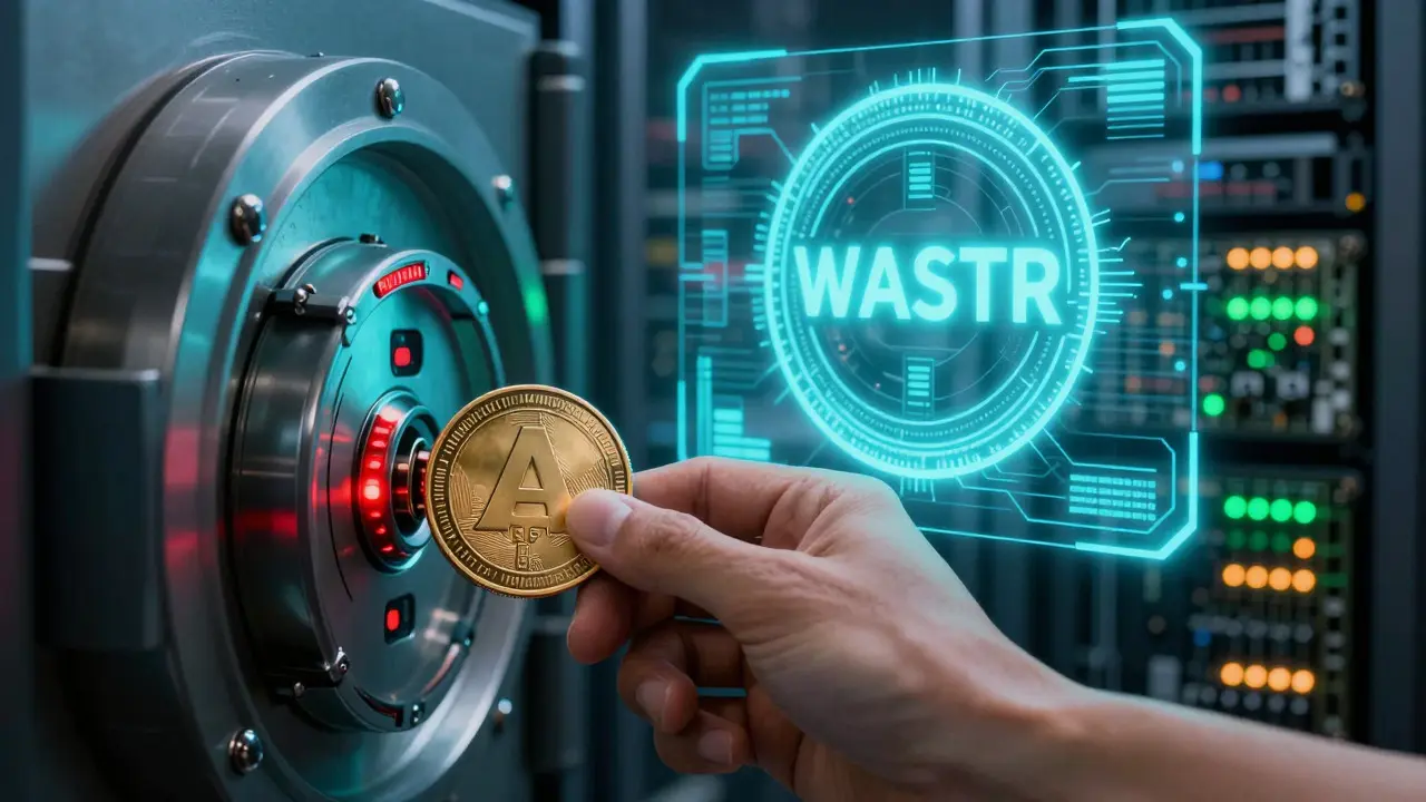 Vault locking ASTR while minting WASTR hologram in cyberpunk setting