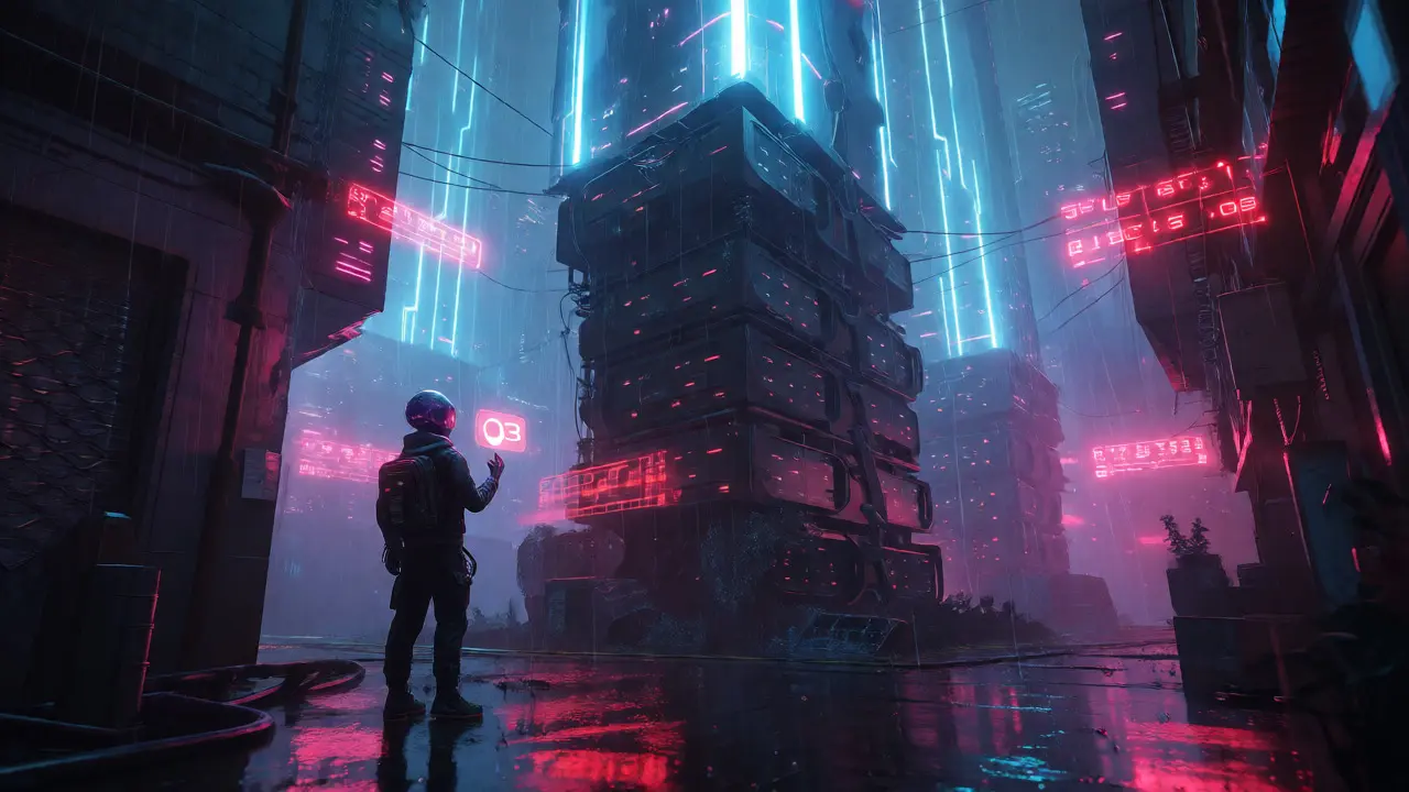 A lone trader facing a weak token glow amidst towering competitor servers in rain.