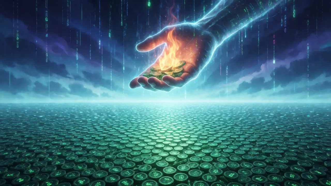 A sea of digital coins with a light-handled flame burning them, symbolizing token burns.