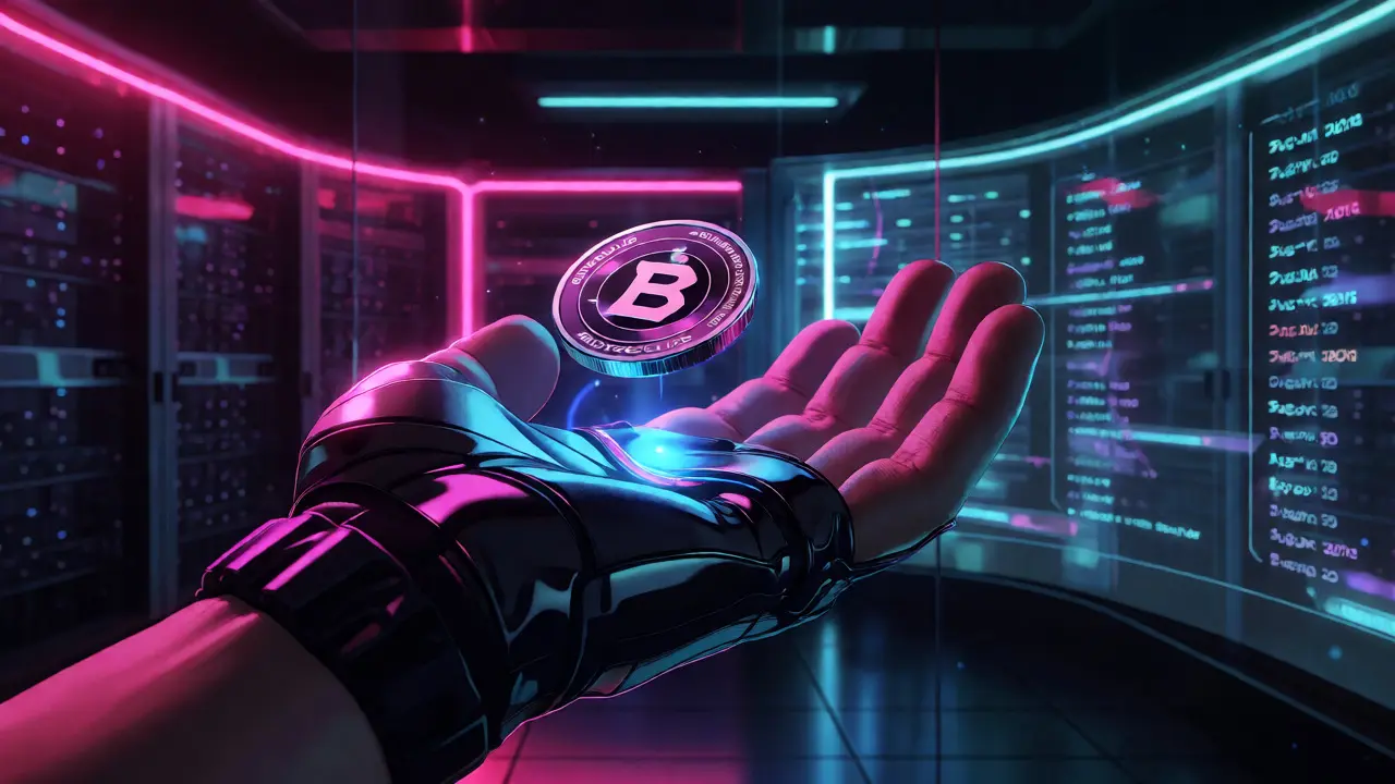 Close-up of a hand holding a glowing BOYSCLUB coin with a decentralized exchange interface in background