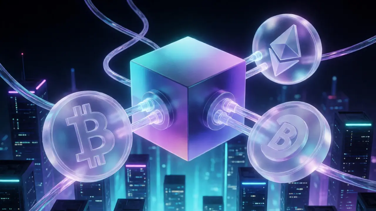 Connected crypto orbs illustrating cross-margining on Arbitrum