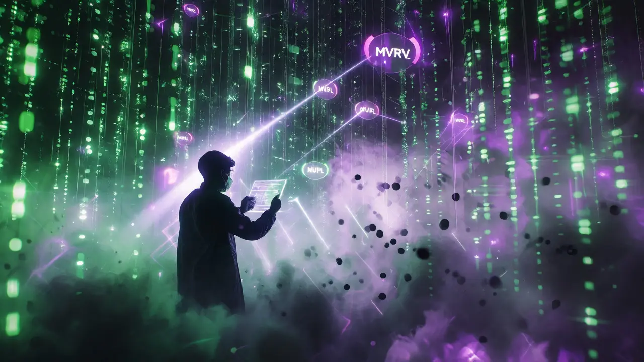 Cyberpunk analyst filtering data noise to reveal bright metric signals