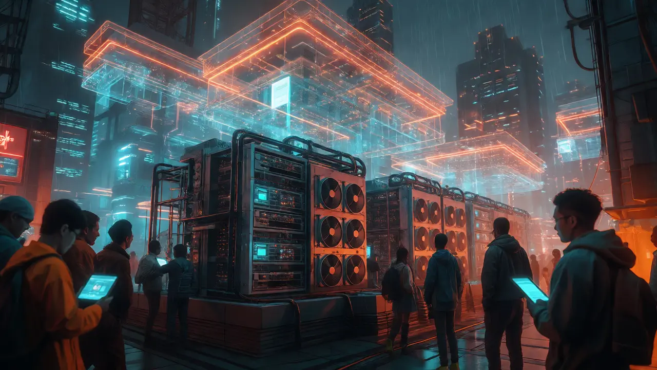 Cyberpunk cityscape with rooftop servers and users holding glowing mobile devices.