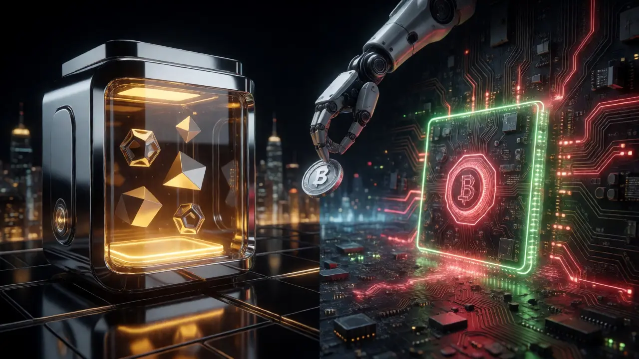 Cyberpunk digital art depicting automated DeFi vaults and cross-chain swapping mechanisms.