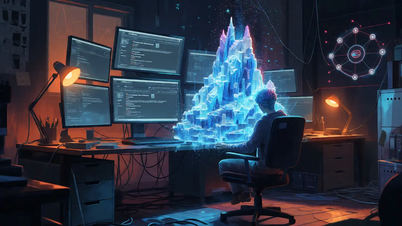 Developer viewing a holographic 3D castle emerging from a screen