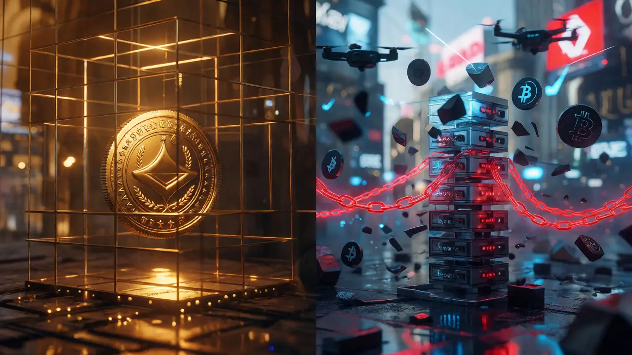 Digital PKR coin in cage vs tethered crypto shards