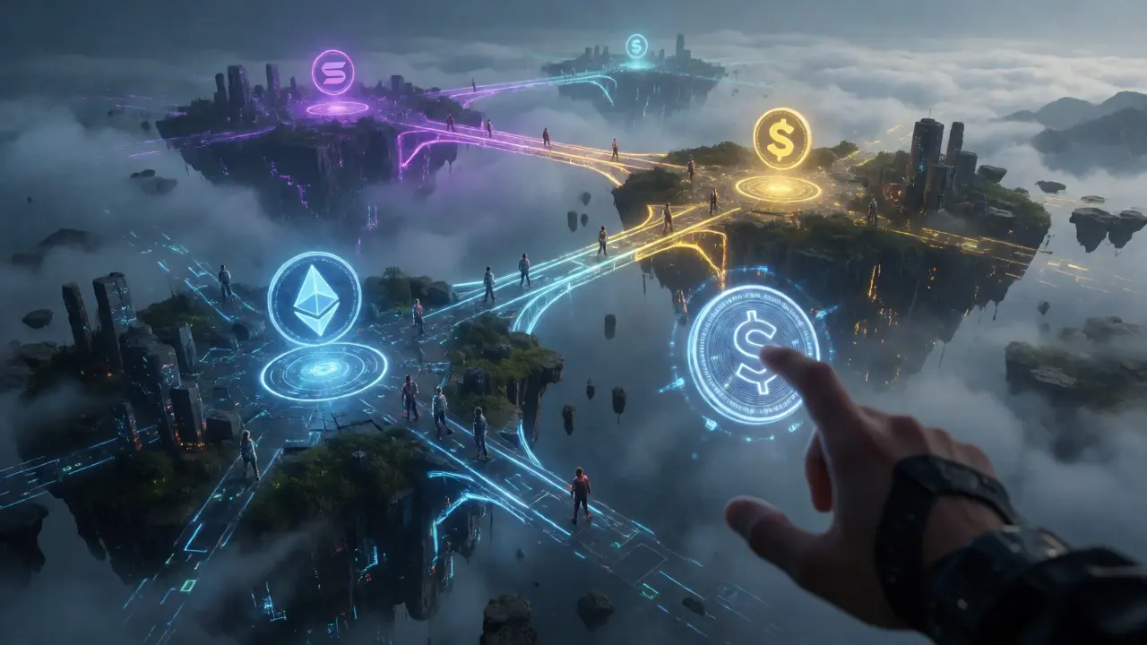 First-person view of a fragmented blockchain landscape connected by light bridges in cyberpunk style.