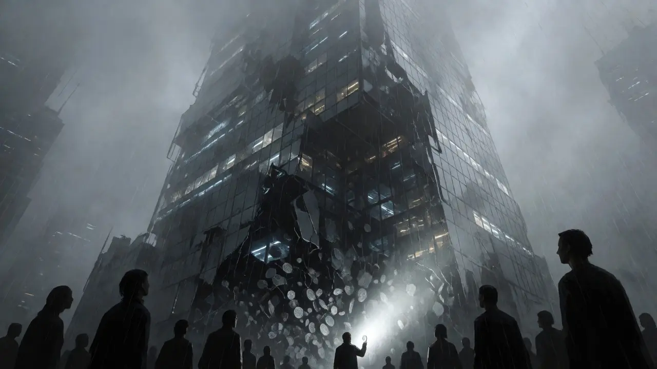 Fragmented skyscraper with falling tokens symbolizing market risk and volatility.