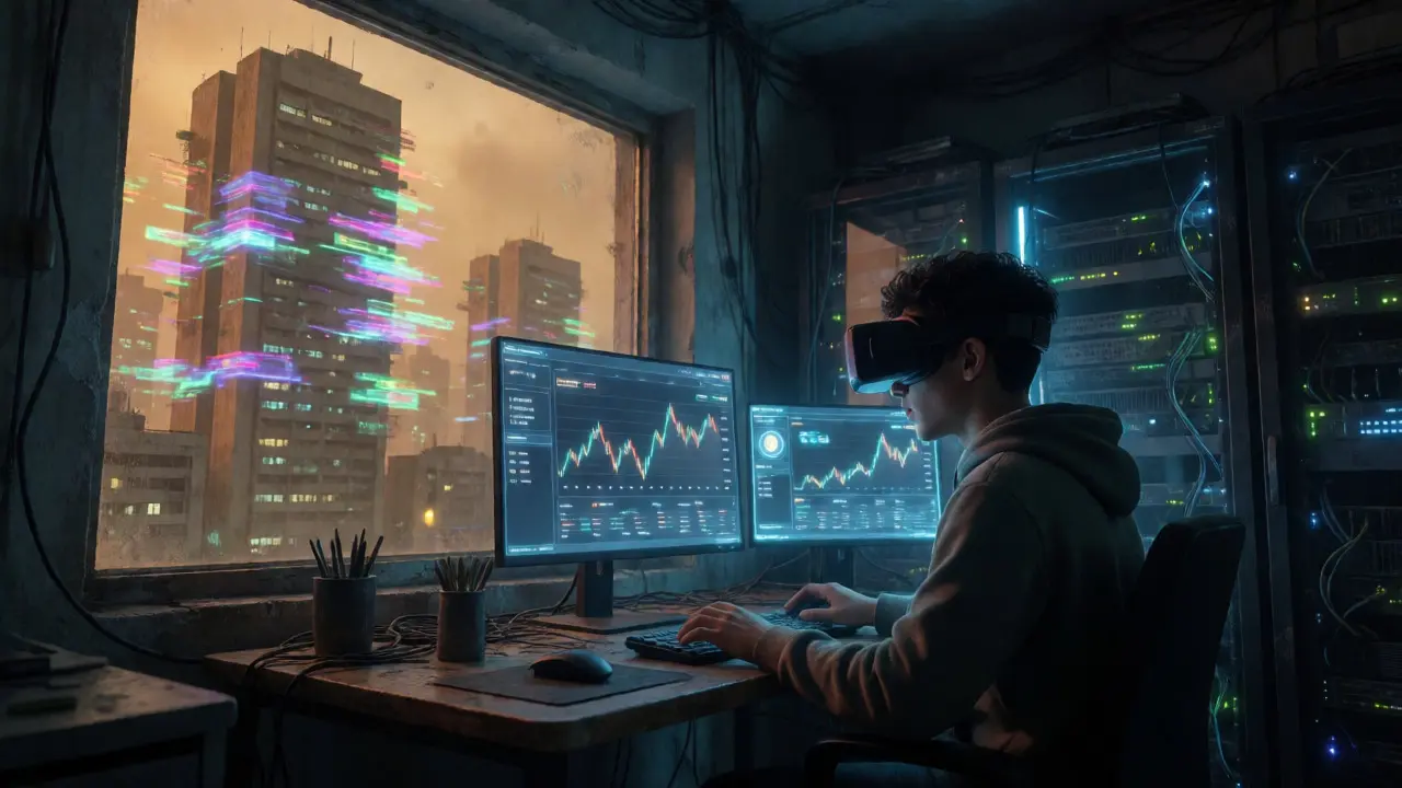 Freelancer trading crypto in a tech-filled apartment