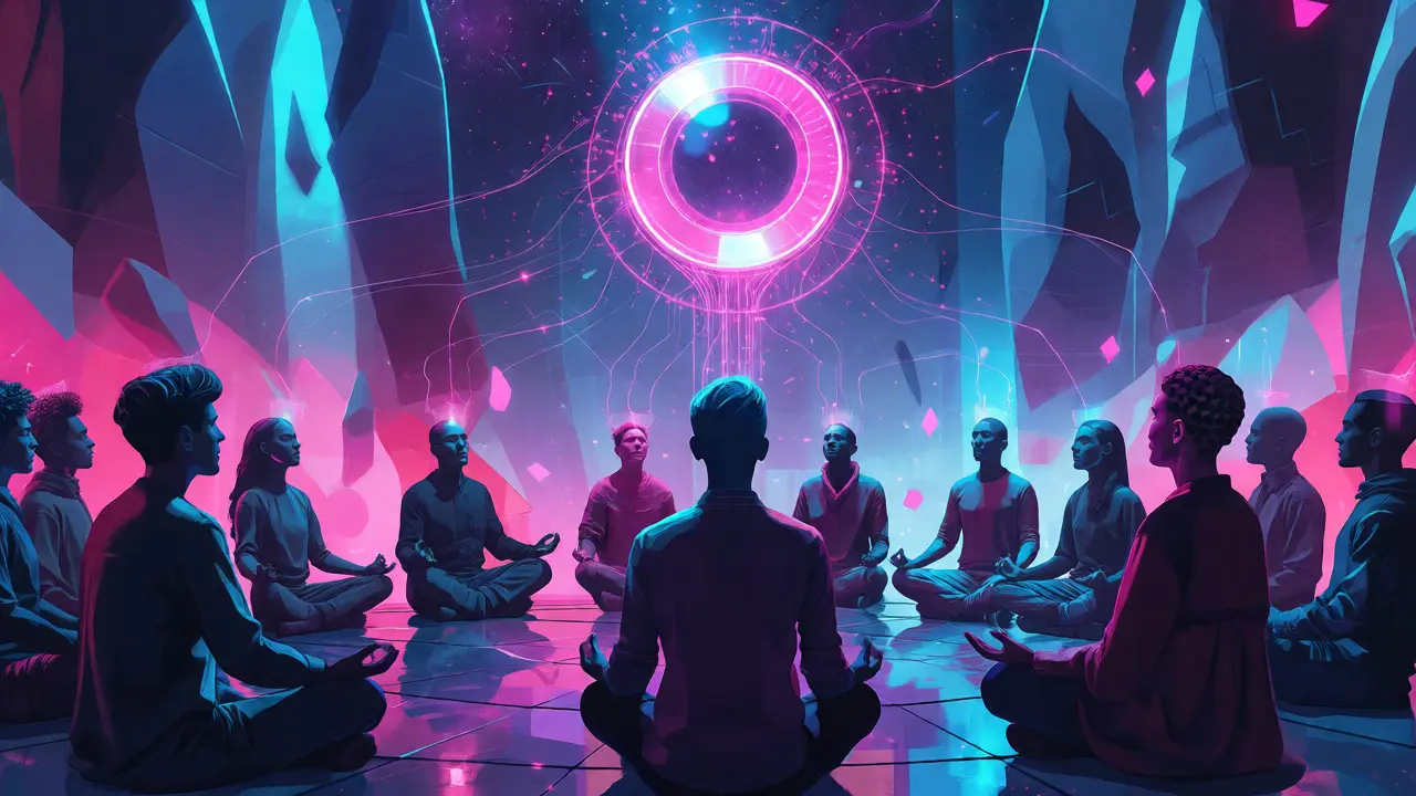 Futuristic avatars meditating around a magnetic symbol in VR space