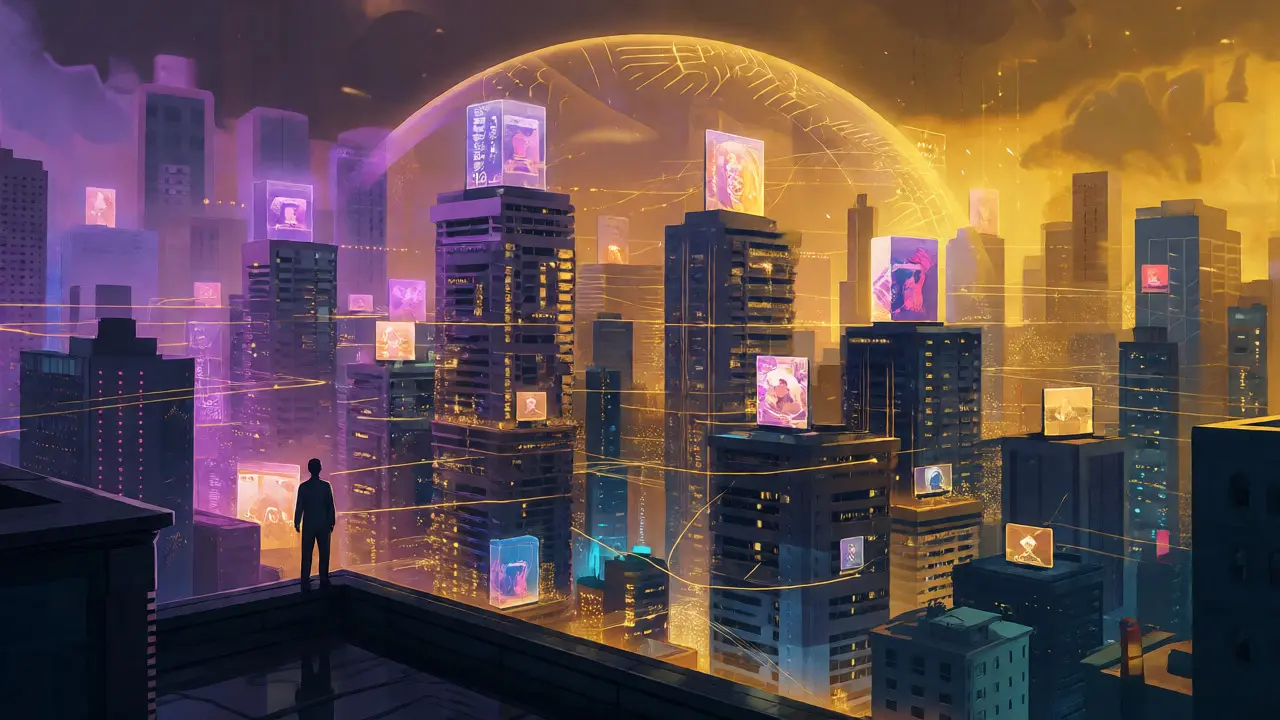 Futuristic Vietnamese cityscape with floating digital ledgers symbolizing a mature 2027 crypto market.