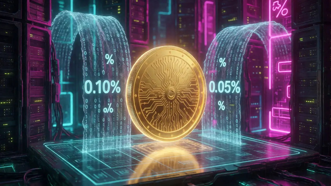 Glowing BANK token surrounded by fee reduction data streams