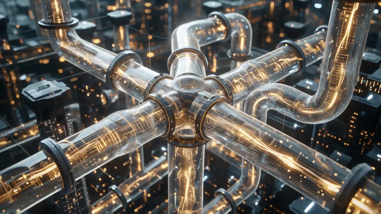 Glowing digital pipe network representing DeFi infrastructure