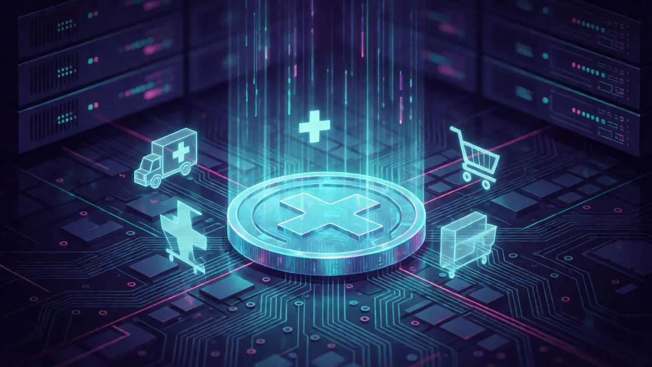 Glowing digital token on a circuit board surrounded by medical and retail icons.
