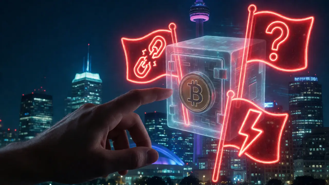 Hand reaching for a digital vault surrounded by red neon warning icons indicating withdrawal issues and anonymity.