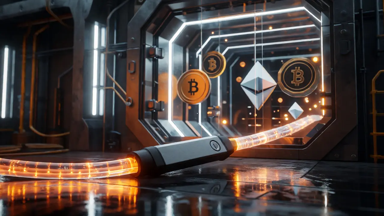 Hardware wallet connected to a secure digital vault in cyberpunk aesthetic