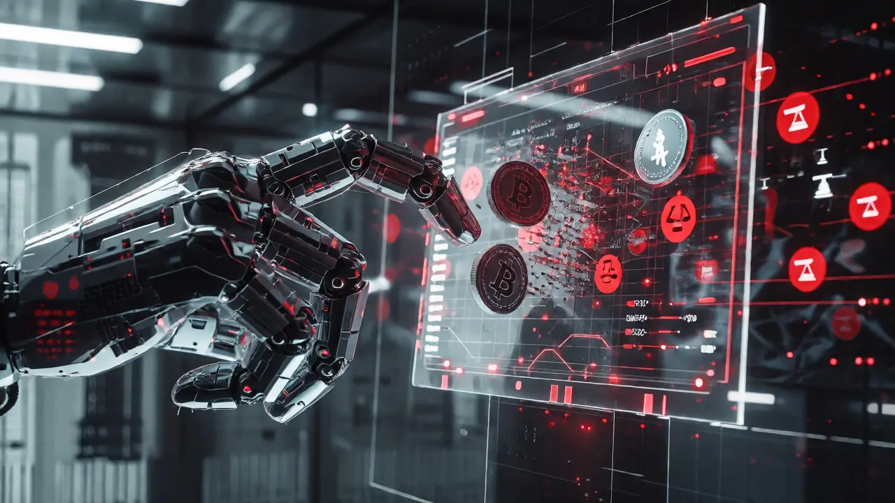 Holographic crypto coins dissolving under robotic tax collection