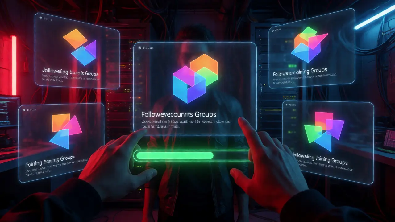 Holographic dashboard showing completed crypto tasks with glowing progress bars.