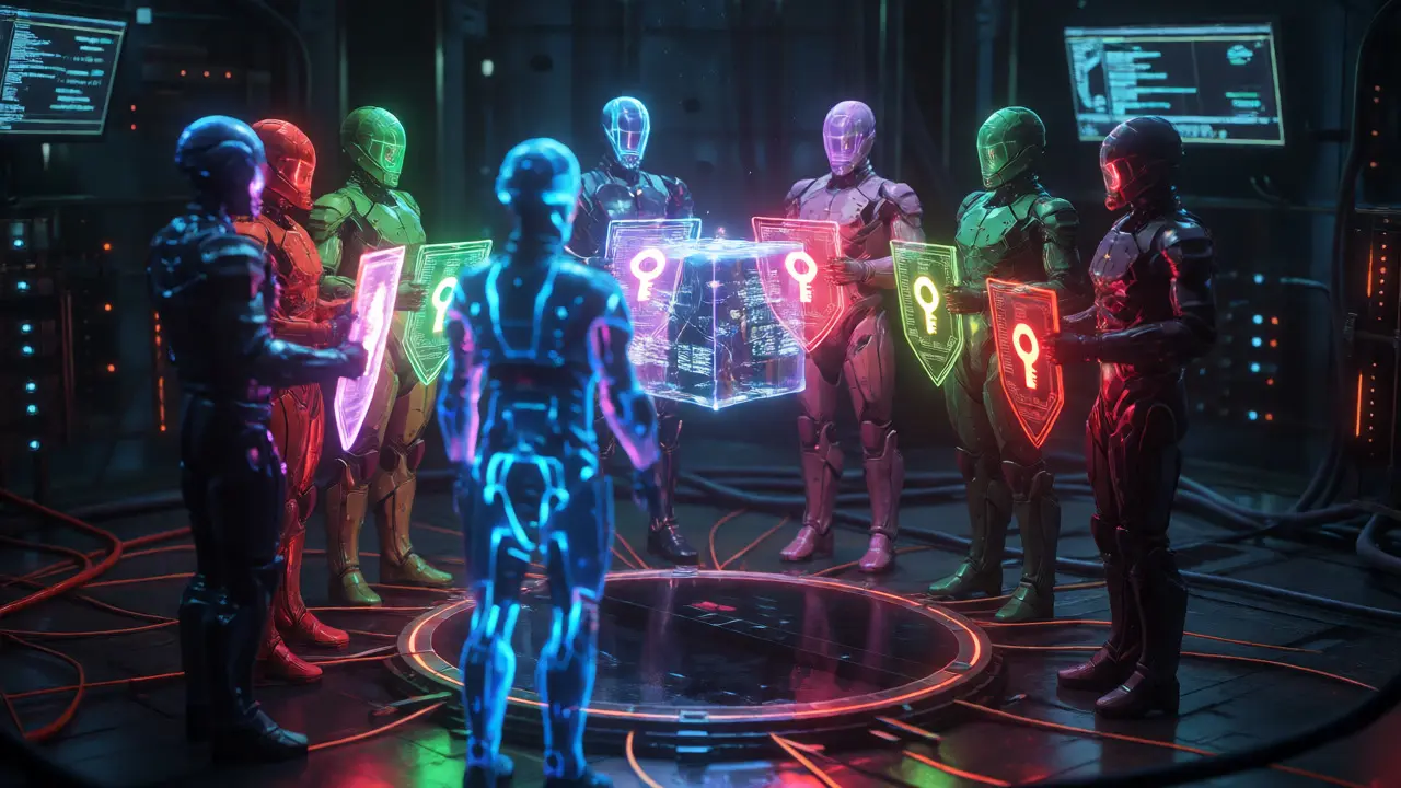 Holographic federation members surrounding a central data cube in a dark, tech-heavy cyberpunk server room.