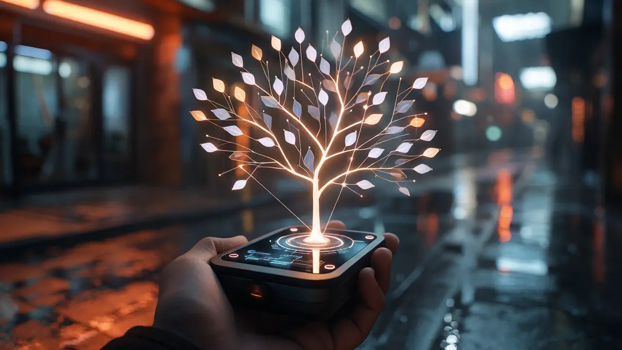 Holographic Merkle tree projection from a handheld device in a rainy city.
