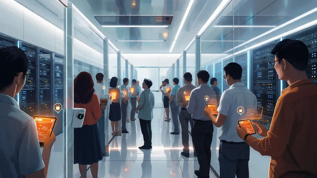 Investors undergoing biometric KYC checks in a futuristic, secure crypto exchange hub.