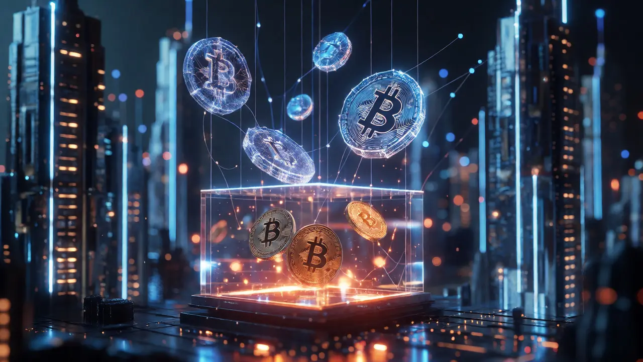 Locked Bitcoin symbols in a laser vault below floating wireframe digital tokens above in a futuristic setting.