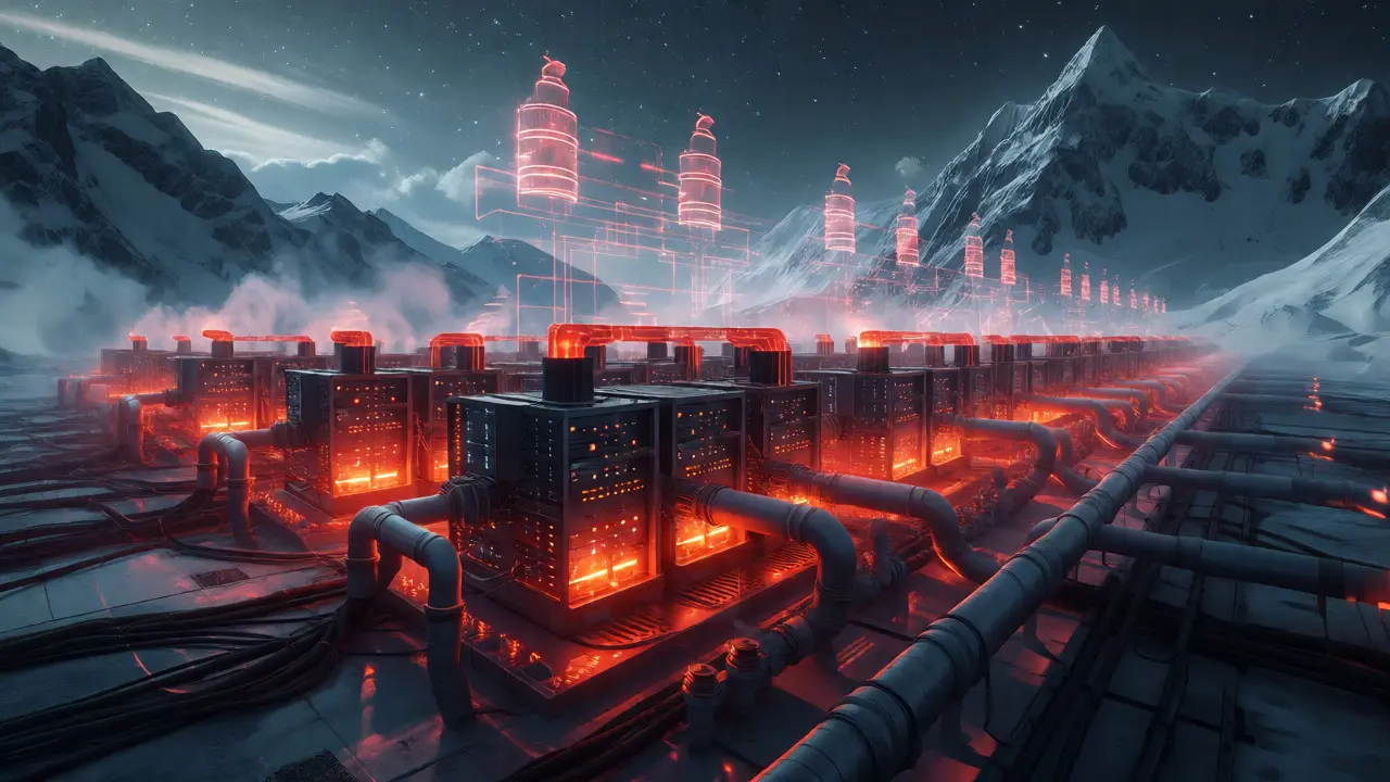 Massive cyberpunk-style mining servers in a snowy Siberian landscape powering AI and trade.