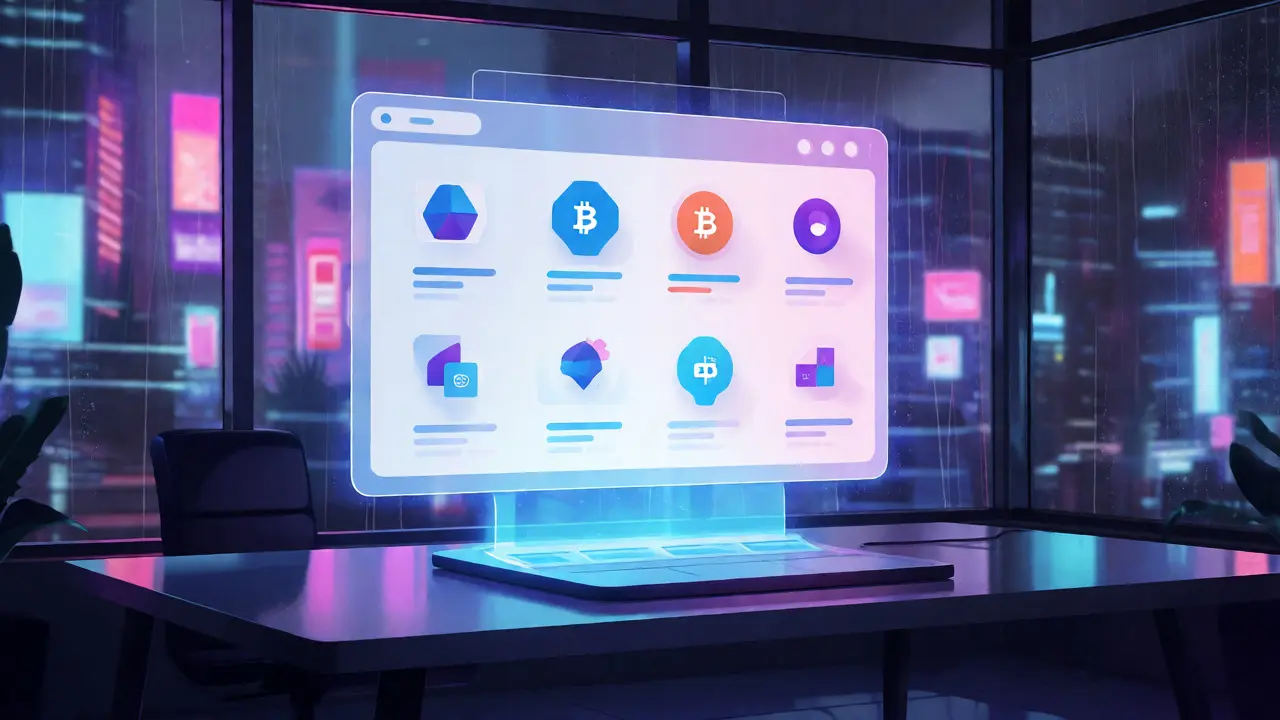 Minimalist holographic crypto trading interface in a modern night office