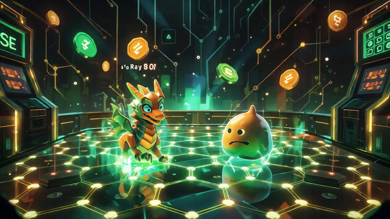 NFT monsters battling on a glowing BSC hexagonal grid earning digital rewards