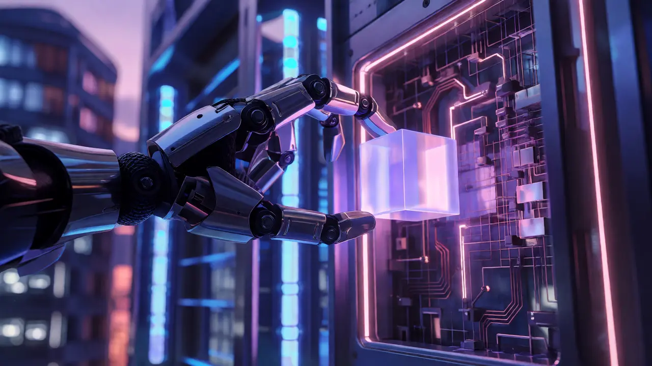 Robotic arm securing a glowing crypto cube in a high-tech vault
